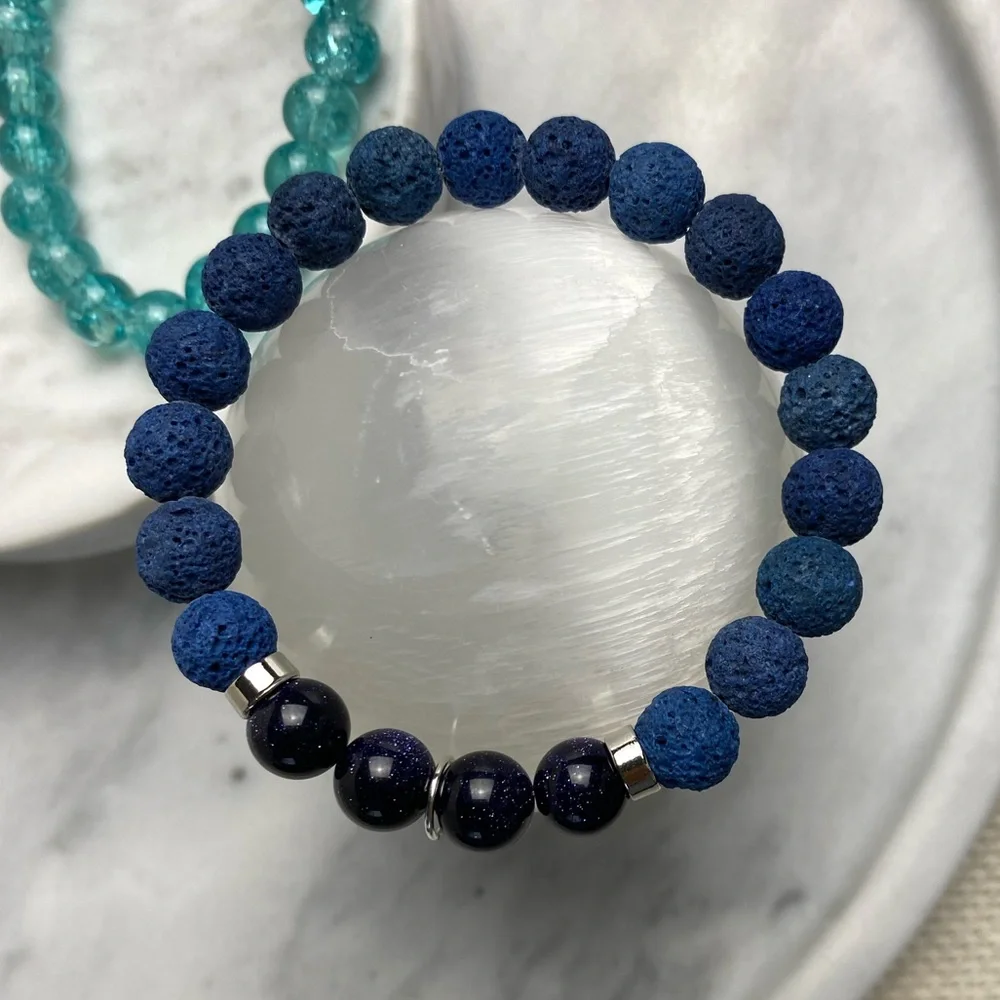 Gemstone Bracelet: Lava Stone + Blue Goldstone + Crackled Glass + Wave Charm - Picture 6 of 9